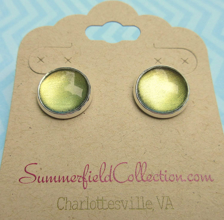 Silver-tone Metallic Green and Gold Color Shifting Glass Stud Earrings Hand-painted 12mm