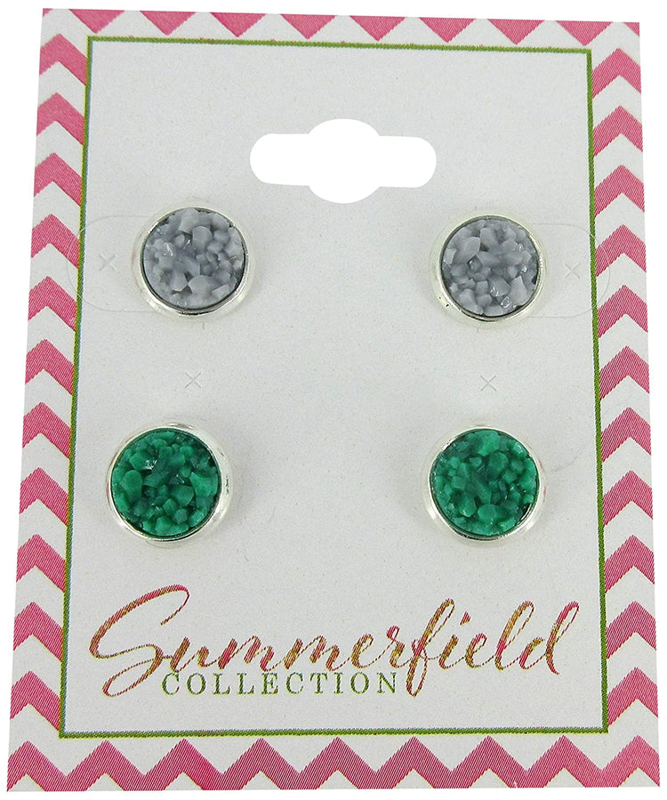 Duo Silver-tone Gray and Green Faux Druzy Stone Stud Earrings 8mm Set