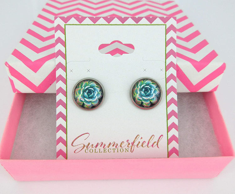 Stainless Steel Succulent Plant Print Glass Stud Earrings 12mm