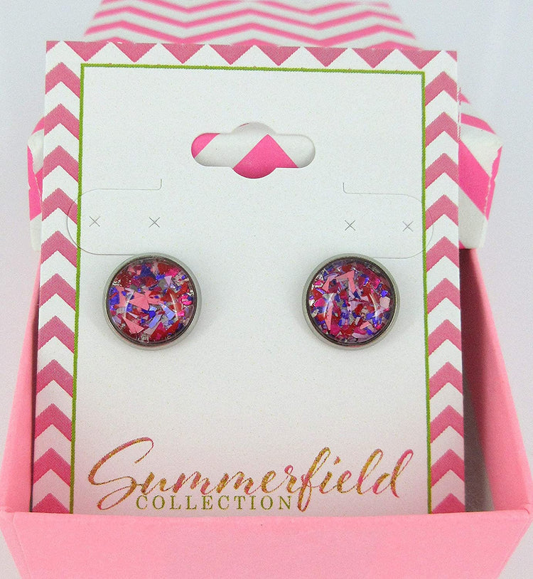 Stainless Steel Pink Purple Red Metallic Shard Glitter Glass Stud Earrings Hand-painted 10mm