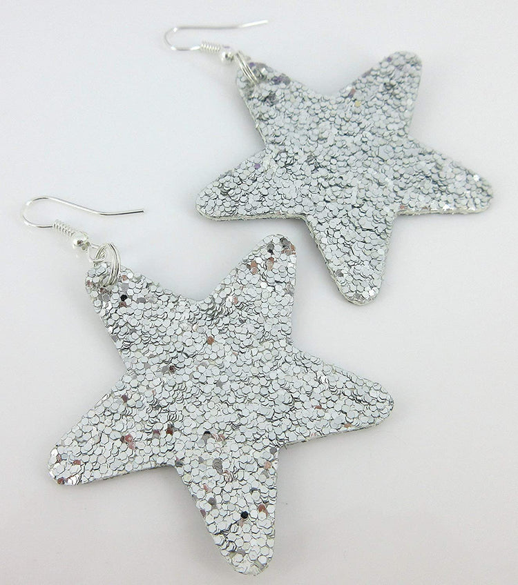 Silver Glitter Faux Leather Large Star Dangle Earrings