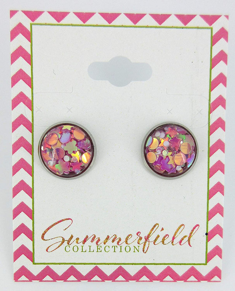 Stainless Steel Glitter Resin Globe Stud Earrings 12mm Magenta