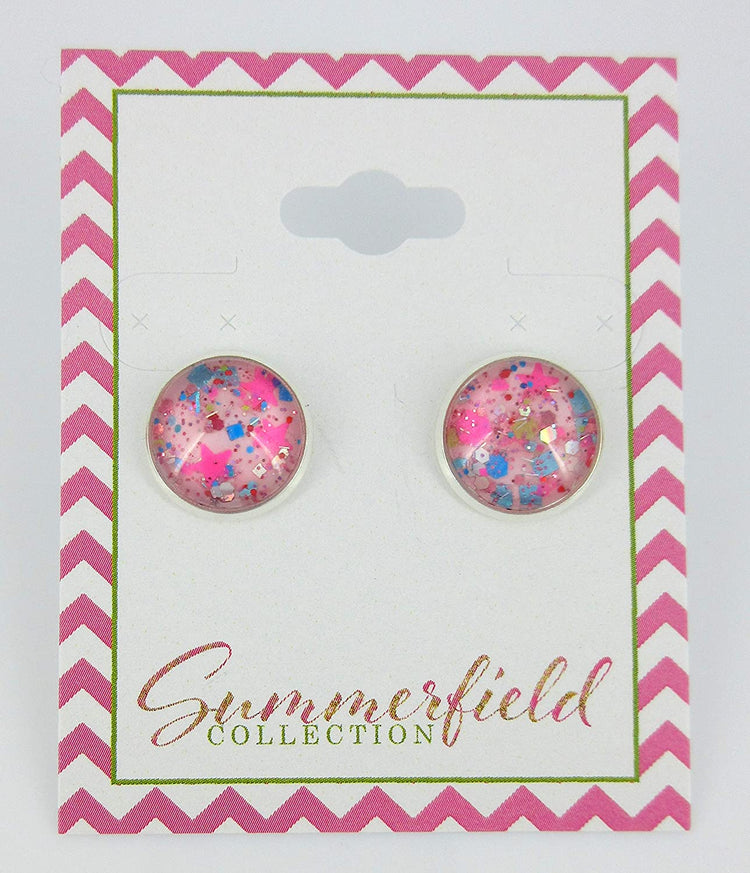 Silver-tone Bubblegum Pink Confetti Glitter Glass Stud Earrings Hand-painted 12mm