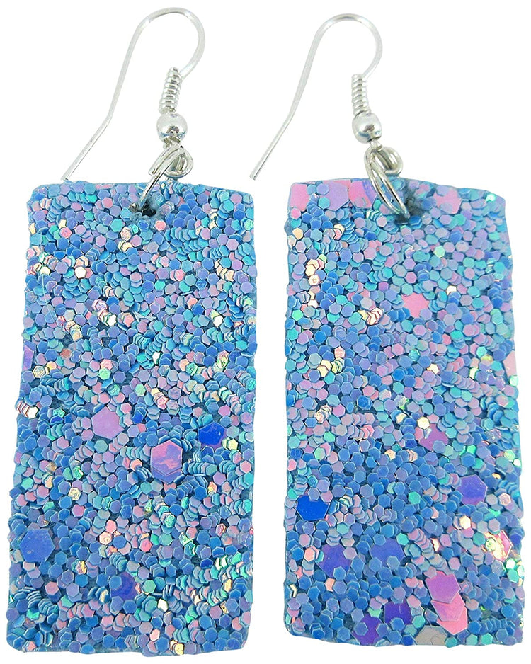 Silver-tone Glitter Faux Leather Large Rectangle Dangle Earrings (Gold and Rainbow)