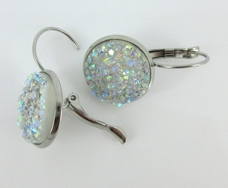 Stainless Steel Clear AB Faux Druzy Stone Lever-back Drop Earrings 14mm