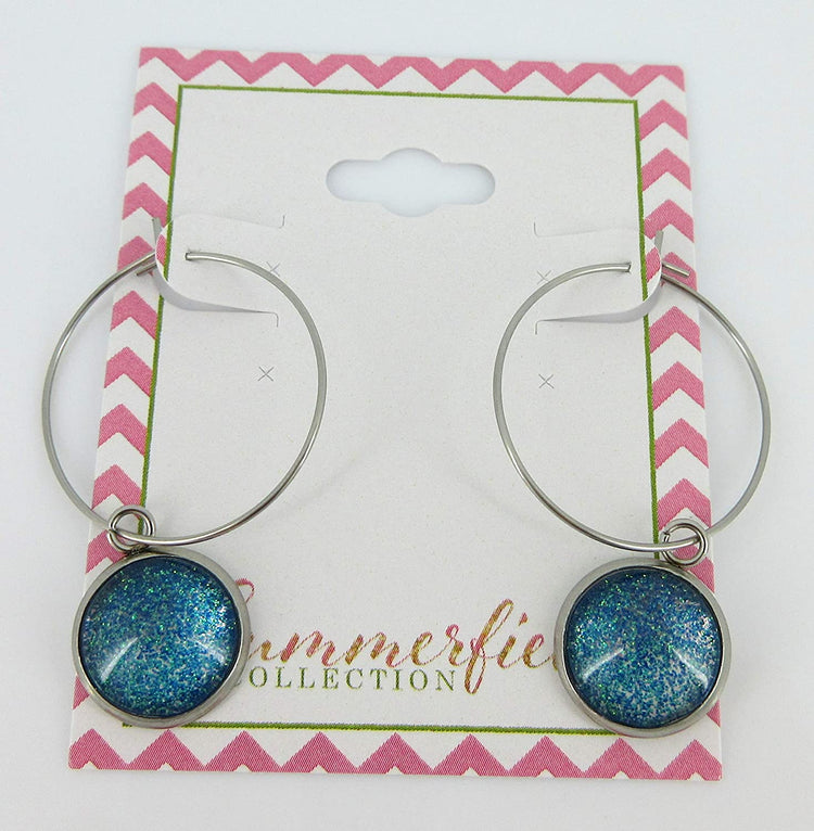 Stainless Steel Blue Green Glitter Glass Charm Hoop Earrings Hand-painted 1"