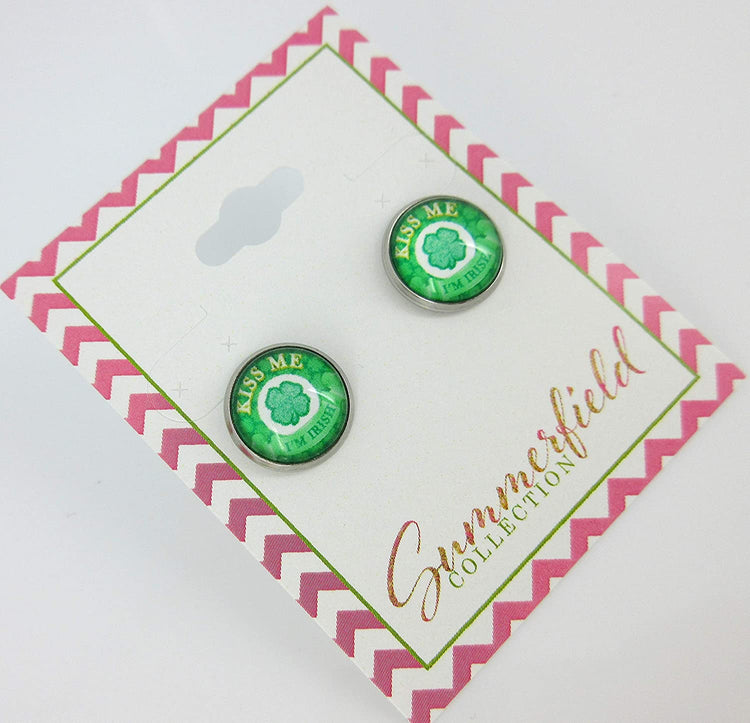 Stainless Steel Kiss Me I'm Irish Print Glass Stud Earrings 12mm