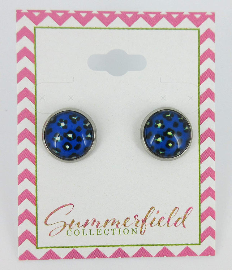 Stainless Steel Royal Blue Animal Print Glass Stud Earrings 12mm