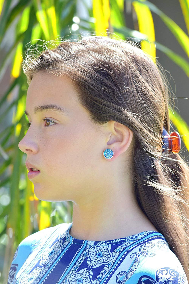 Silver-tone Blue Yellow Holographic Glitter Glass Stud Earrings Hand-painted 12mm