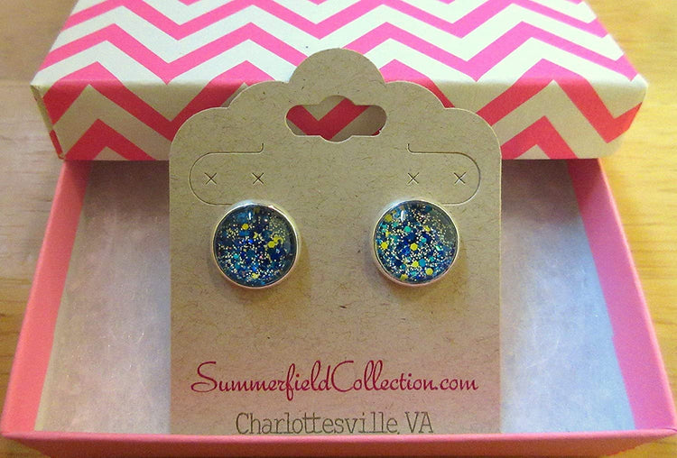 Silver-tone Blue Yellow Holographic Glitter Glass Stud Earrings Hand-painted 12mm
