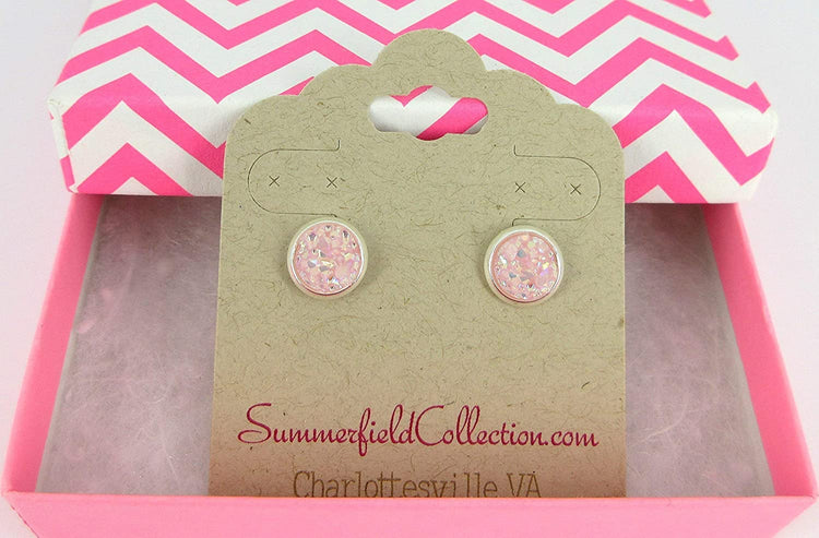 Silver-tone Ballet Pink AB Faux Druzy Stone Stud Earrings 8mm