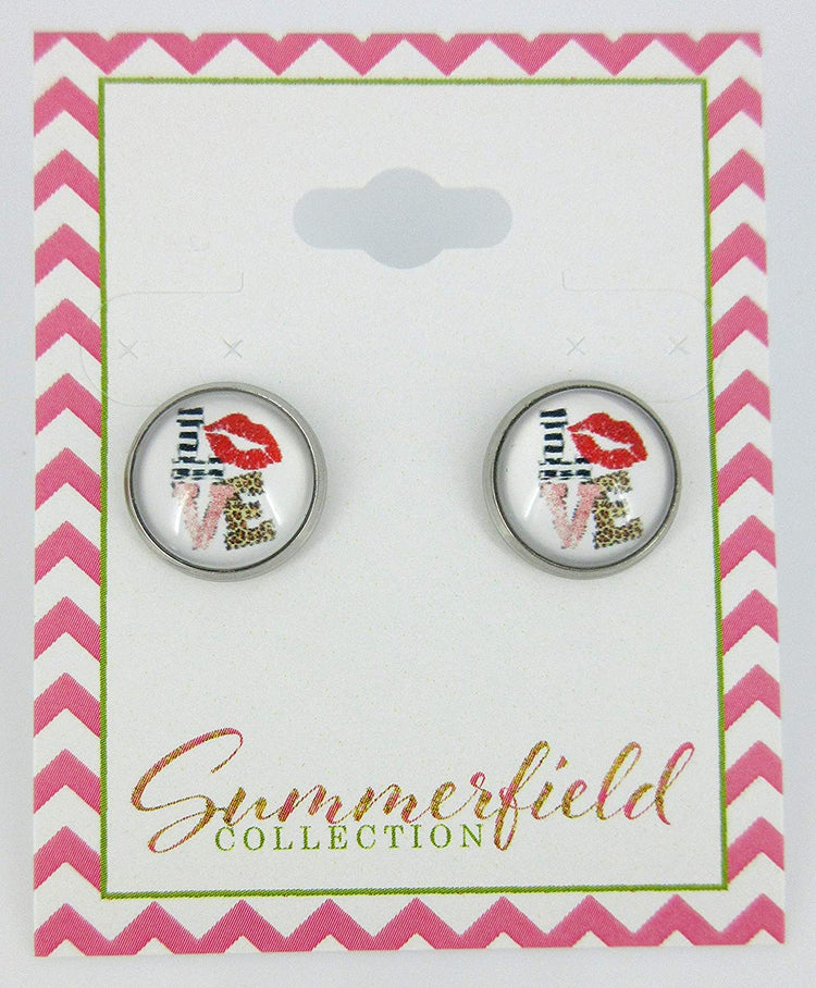 Stainless Steel Love Print Glass Stud Earrings 12mm White Animal Red Lips