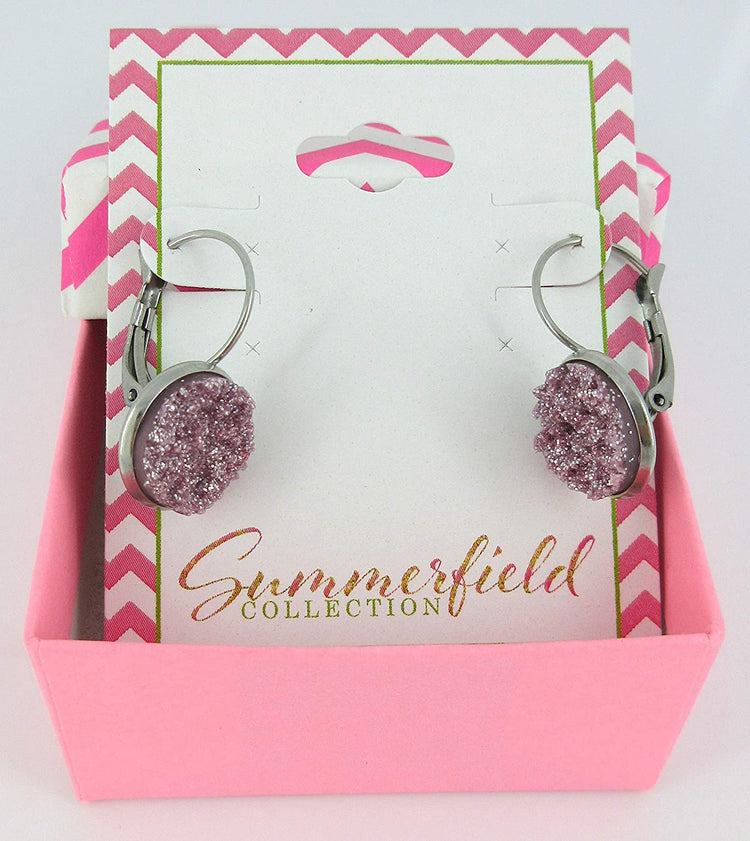 Stainless Steel Lilac Glitter Faux Druzy Stone Lever-back Drop Earrings 12mm