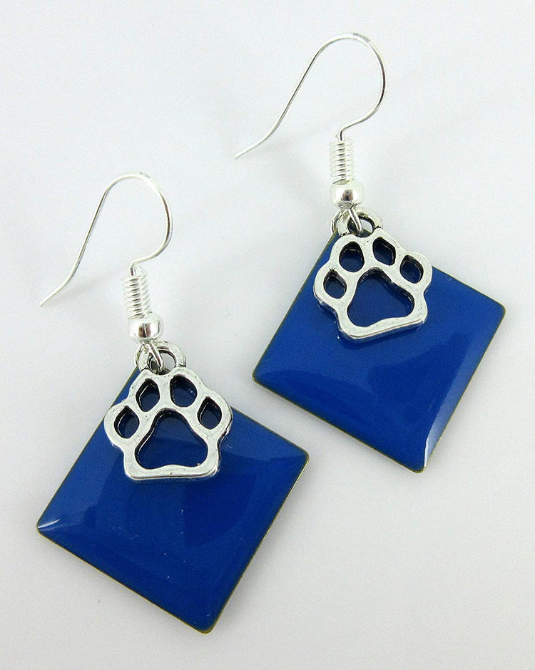 Silver-tone Royal Blue Enamel Paw Print Charm Dangle Earrings