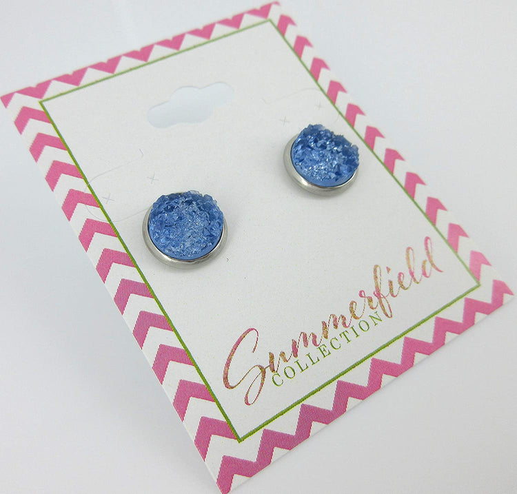 Stainless Steel Glacier Blue Faux Druzy Stone Stud Earrings