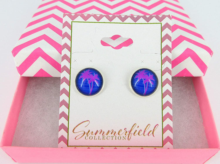 Silver-tone Blue and Pink Palm Tree Print Glass Stud Earrings 12mm