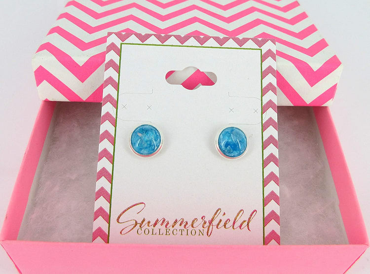 Shiny Silver-tone Aqua Blue and Opalescent Leaf Resin Stud Earrings 8mm