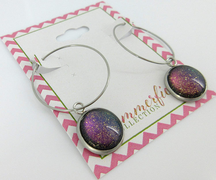 Stainless Steel Blue Purple Gray Glitter Glass Charm Hoop Earrings Hand-painted 1"