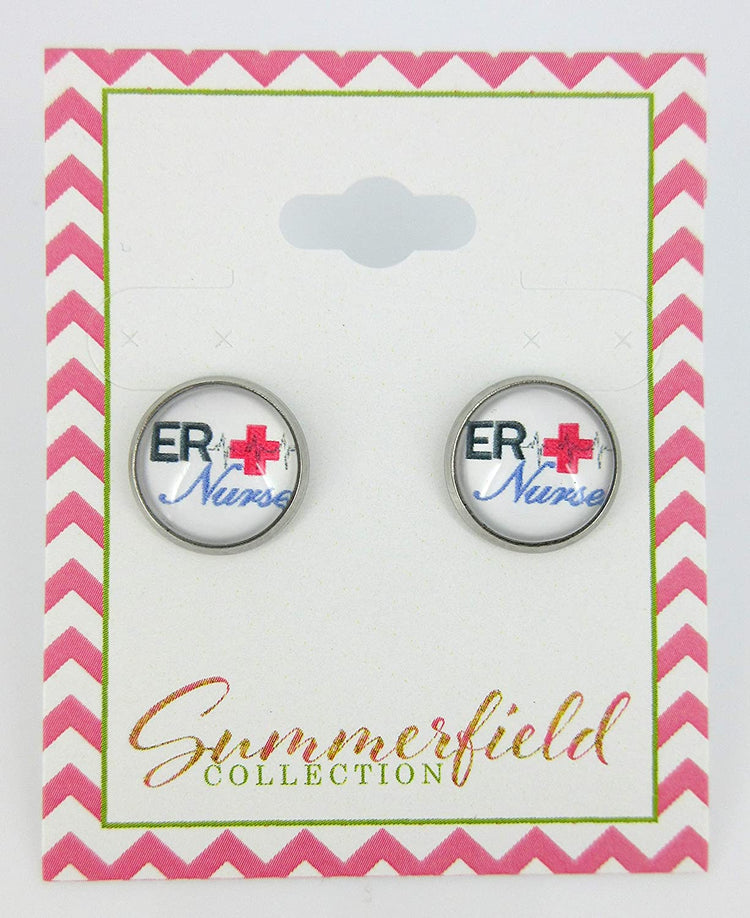 Stainless Steel ER Nurse Print Glass Stud Earrings 12mm White Black Red