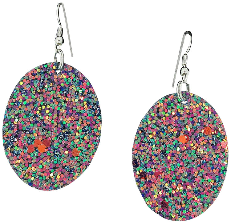 Silver-tone Glitter Faux Leather Oval Dangle Earrings (Peachy Pink)