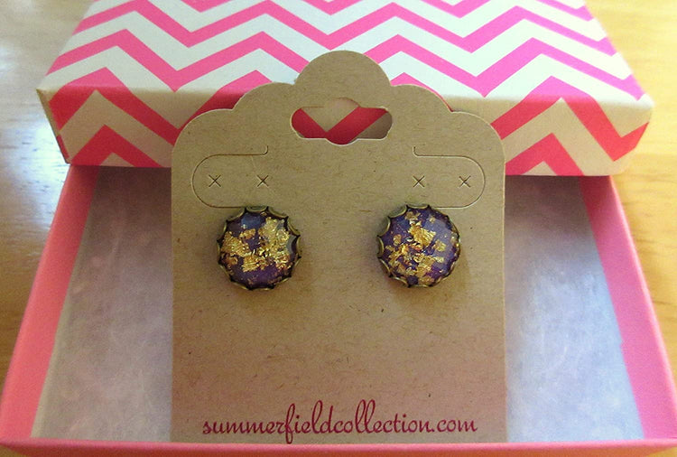 Antiqued Gold-tone Purple Faceted Resin Leaf Foil Stud Earrings 12mm