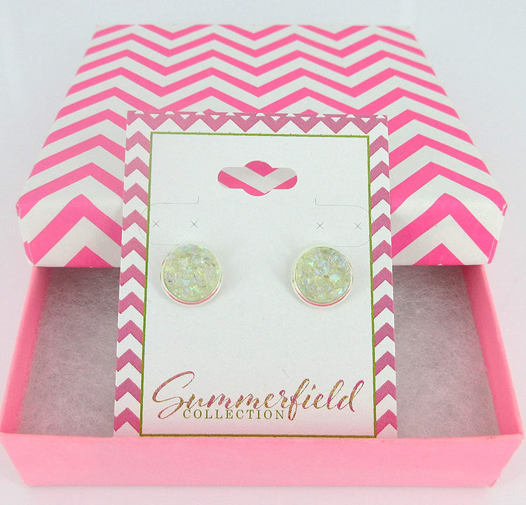 Silver-tone Clear AB Faux Druzy Stone Stud Earrings 10mm