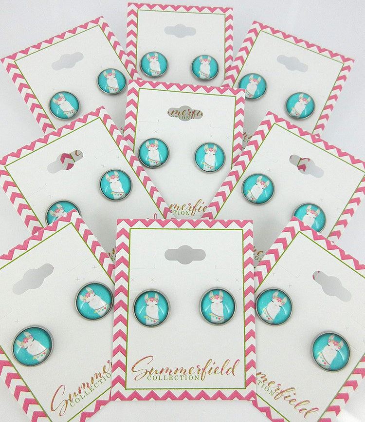Stainless Steel Teal Llama Head Print Glass Stud Earrings 12mm