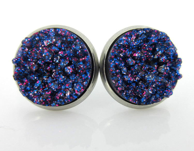 Stainless Steel Purple Silver and Blue Glitter Faux Druzy Stone Stud Trio Earrings Set