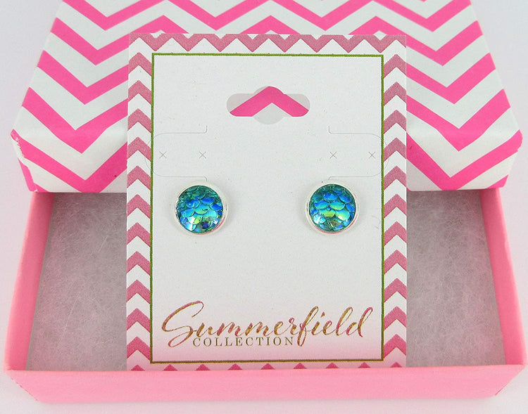 Silver-tone Aqua Blue Green Metallic Mermaid Scale Stud Earrings 8mm