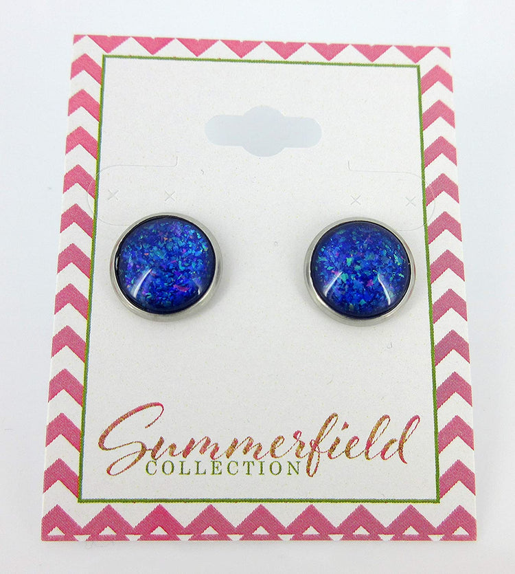 Stainless Steel Purple and Blue Holographic Glitter Glass Stud Earrings Hand-painted 12mm