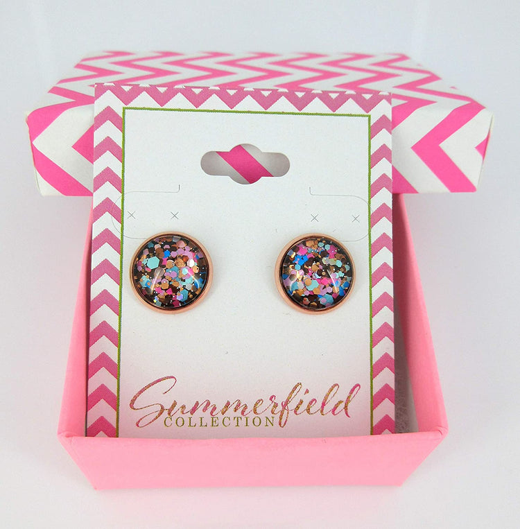 Rose Gold-tone Blue Pink Purple Glitter Glass Stud Earrings 12mm Hand-painted