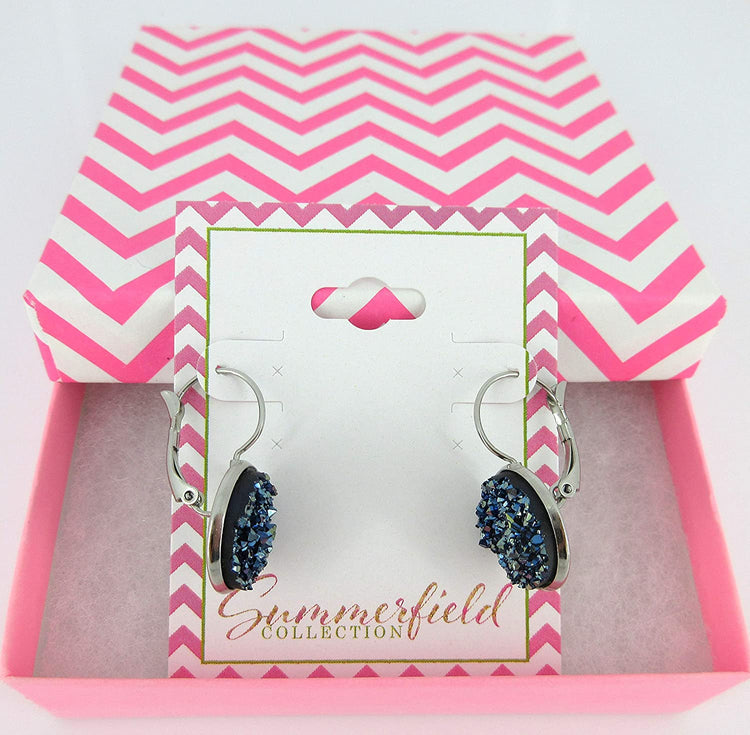 Stainless Steel Metallic Blue Faux Druzy Stone Lever-back Drop Earrings 14mm