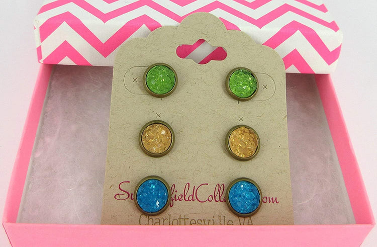 Trio Antiqued Gold-tone Stud Earrings 8mm Teal Pink Navy Blue Faux Druzy Stone Set (Green/Yellow/Blue)
