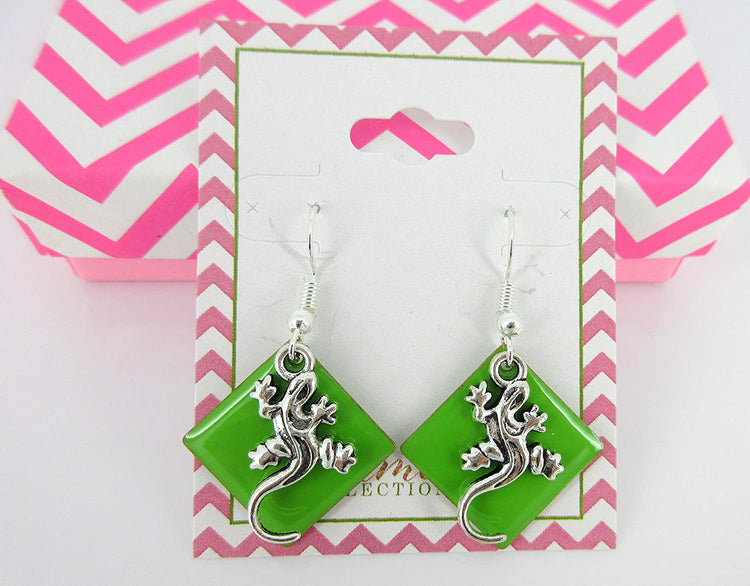 Silver-tone Green Enamel Gecko Lizard Charm Dangle Earrings