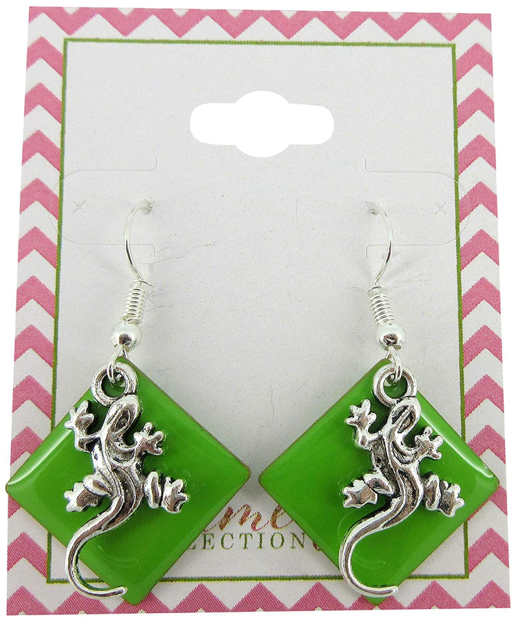 Silver-tone Green Enamel Gecko Lizard Charm Dangle Earrings