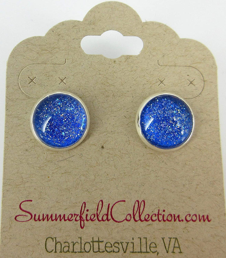 Silver-tone Cobalt Blue Holographic Glitter Glass Stud Earrings Hand-painted 12mm