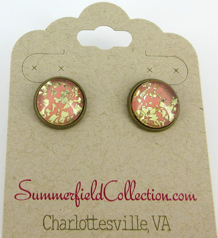 Antiqued Gold-tone Peach Glitter Glass Stud Earrings 12mm Hand-painted