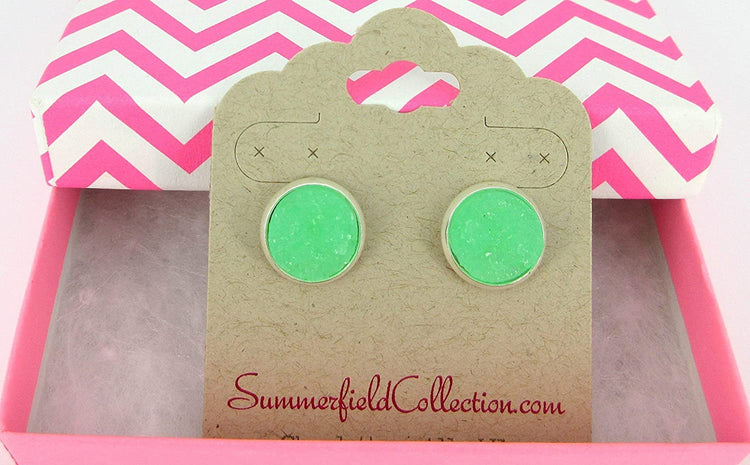 Silver-tone Mint Green Faux Druzy Stone Stud Earrings 12mm