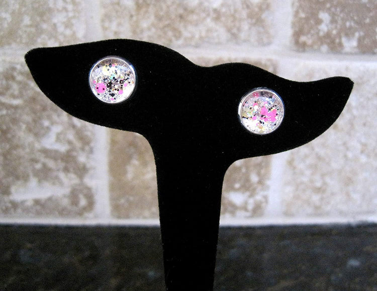 Silver-Tone Neon Pink Gold and Black Glitter Glass Stud Earrings 1/2" Round