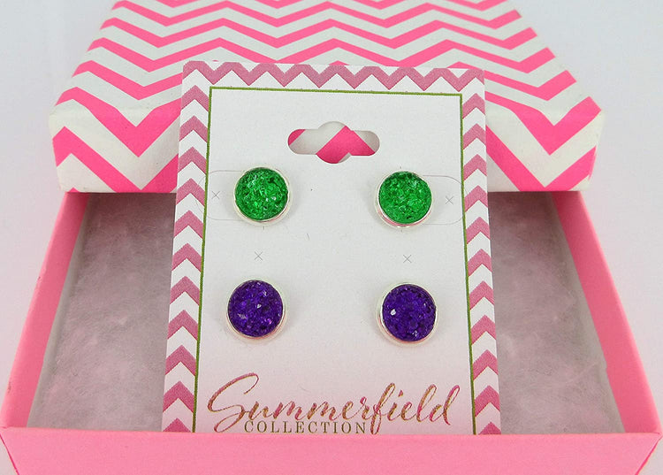 Duo Silver-tone Deep Purple and Green Faux Druzy Stone Stud Earrings 8mm Set