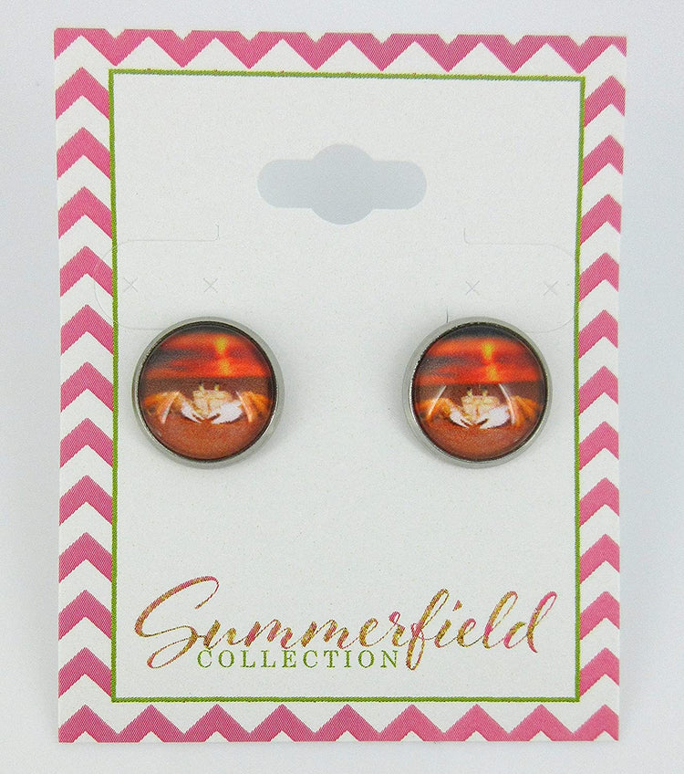Stainless Steel Sunset Crab on the Beach Print Glass Stud Earrings 12mm