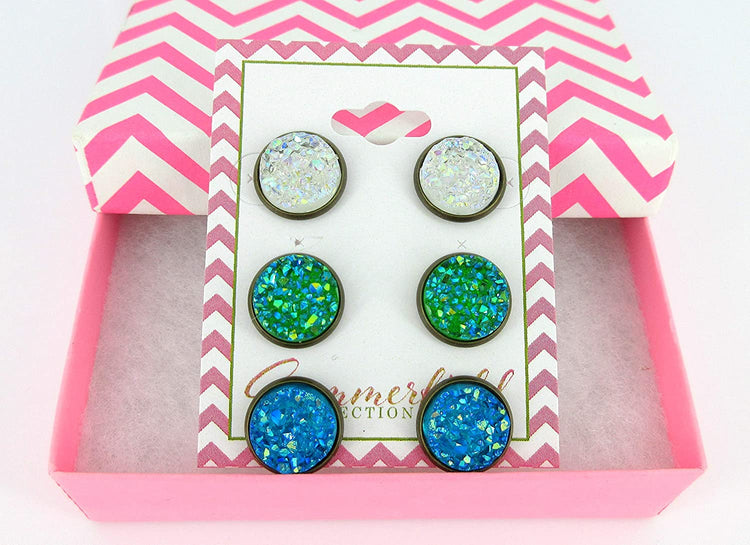 Trio Antiqued Gold-tone Stud Earrings Faux Druzy Stone Clear AB Sea Blue Green Set 12mm