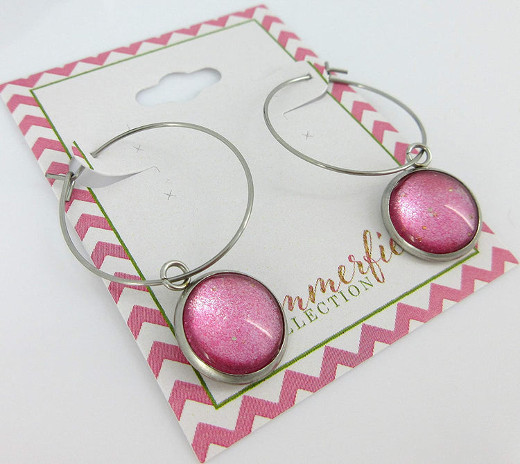 Stainless Steel Pink and Silver Glitter Glass Charm Hoop Earrings Hand-painted 1"