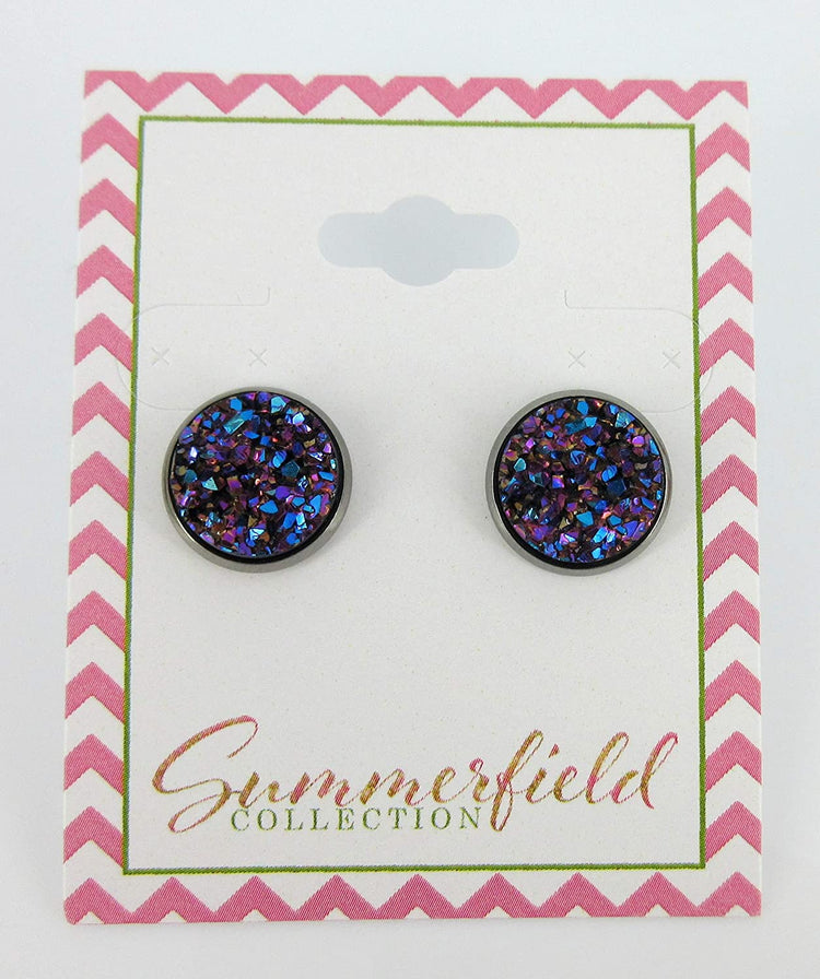 Hematite-tone Purple Pink and Teal Faux Druzy Stone Stud Earrings 12mm