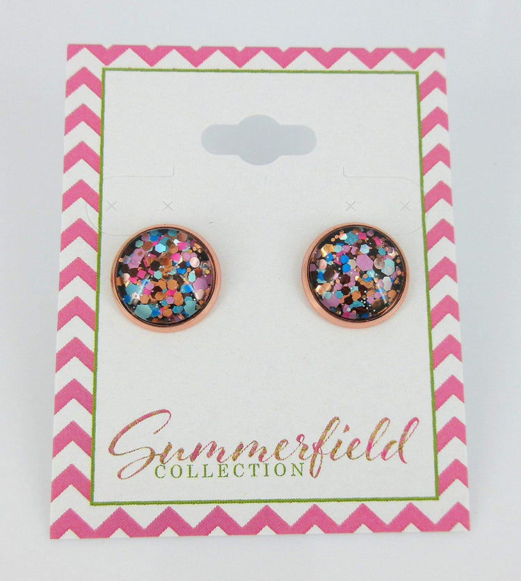 Rose Gold-tone Blue Pink Purple Glitter Glass Stud Earrings 12mm Hand-painted
