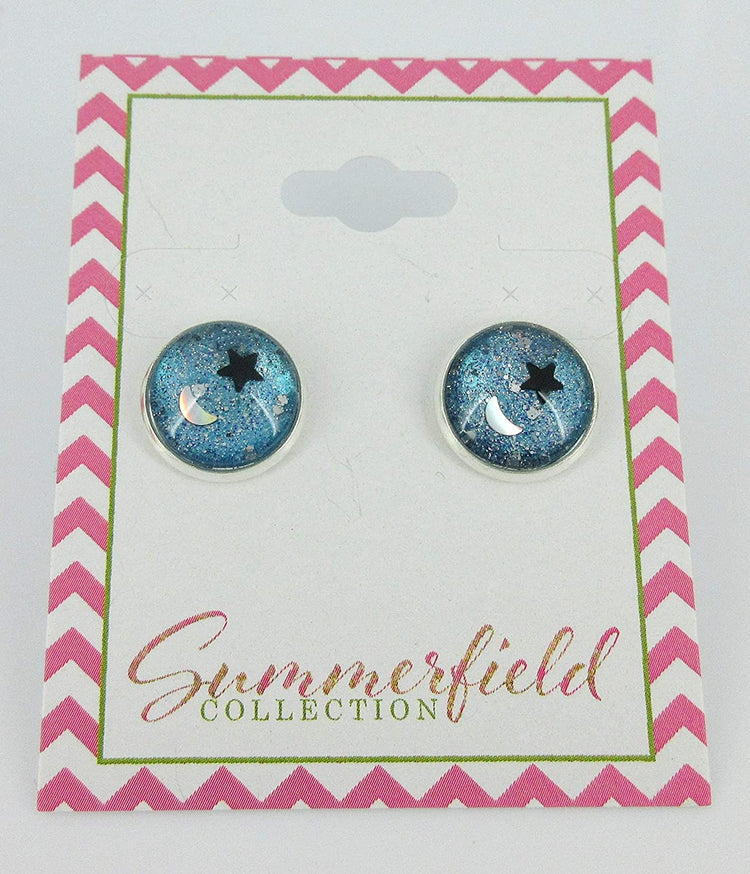 Silver-tone Star and Moon Holographic Glitter Glass Galaxy Stud Earrings Hand-painted 12mm