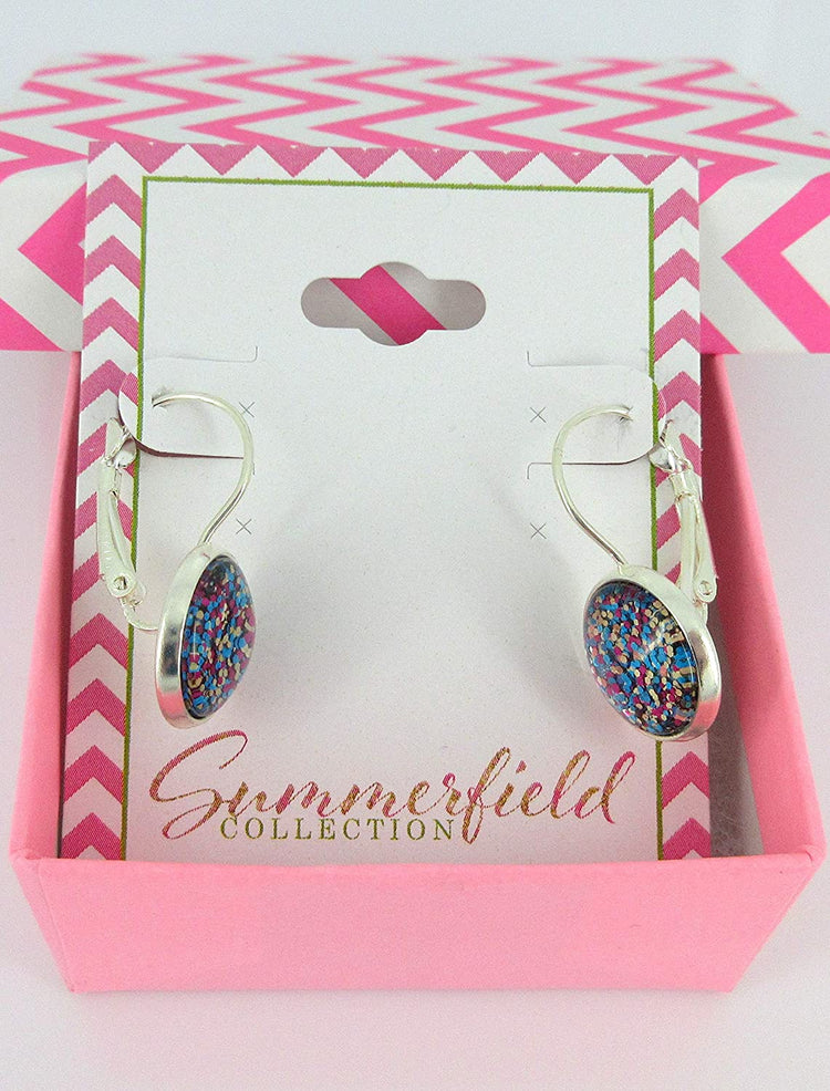 Silver-tone Blue and Pink Confetti Glitter Glass Lever-back Drop Earrings Hand-painted