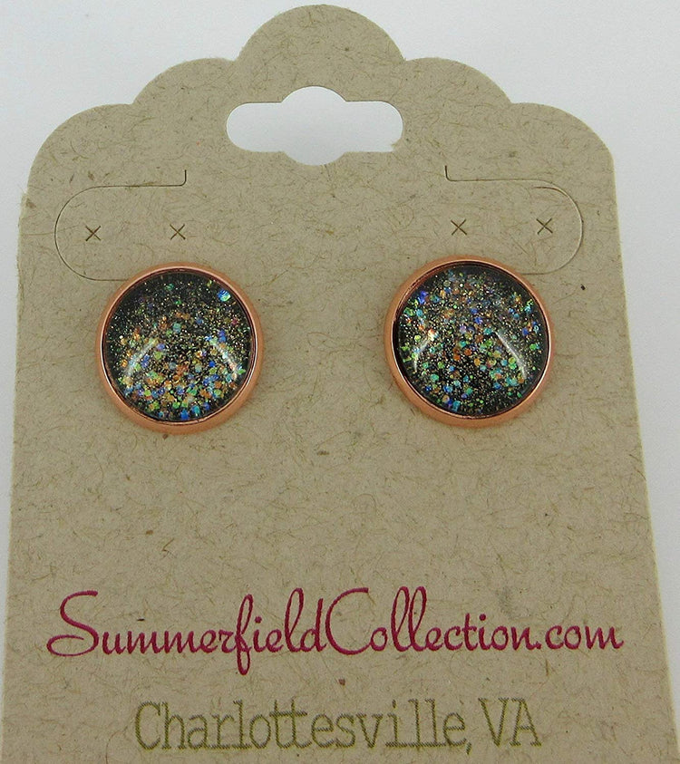 Rose Gold-tone Black Iridescent Glitter Glass Galaxy Stud Earrings Hand-painted 12mm