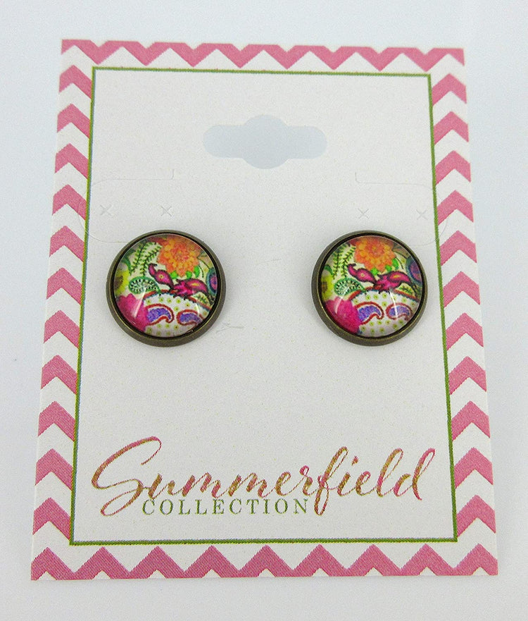 Antiqued Gold-tone Paisley Print Glass Stud Earrings 12mm