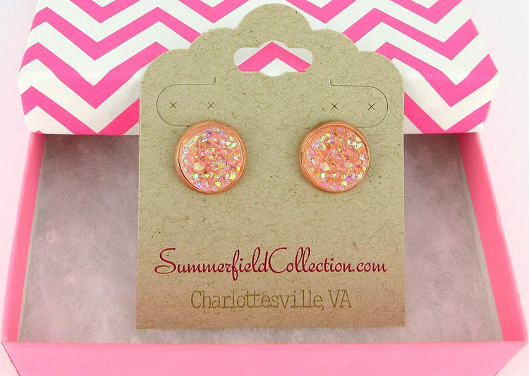 Rose Gold-tone Blush AB Faux Druzy Stone Stud Earrings 12mm